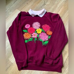 VTG Morning Sun Floral Flower Sweatshirt Hippie Multi Color Magenta Collar S
